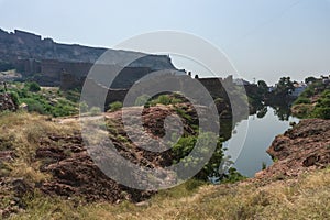 View of Mehrangarh fort from Rao Jodha desert rock park, Jodhpur, India.