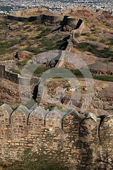 View of the Mehrangarh Fort wall on the valley