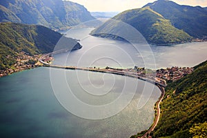 View of Melide Dam Ponte diga di Melide from San Salvatore mountain, Lugano, Ticino, Switzerland