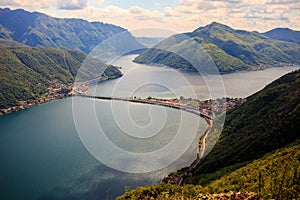 View of Melide Dam Ponte diga di Melide from San Salvatore mountain, Lugano, Ticino, Switzerland