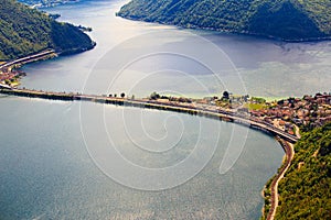 View of Melide Dam Ponte diga di Melide from San Salvatore mountain, Lugano, Ticino, Switzerland