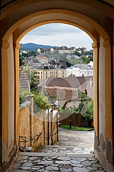 View of the Melk town through archway