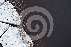 View of melting ice floes in muddy river water with garbage in spring