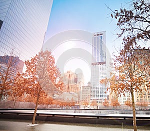 View of memorial 911 with sunlight, New York, USA