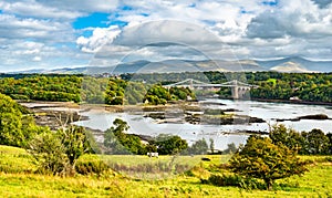 View of the Menai Suspension Bridge across the Menai Strait in Great Britain