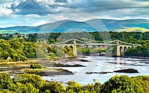 View of the Menai Suspension Bridge across the Menai Strait in Great Britain