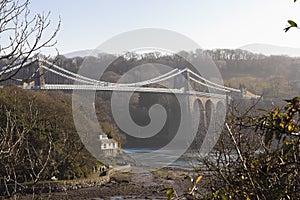 View of the Menai Suspension Bridge from Church Island, Isle of Anglesey, Wales