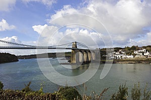 View of the Menai Suspension Bridge, Menai Strait & Town of Menai Bridge, Anglesey, North Wales