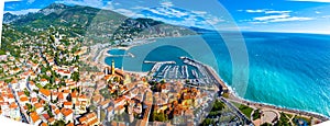 View of Menton, a town on the French Riviera in southeast France known for beaches and the Serre de la Madone garden