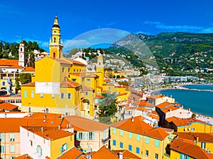 View of Menton, a town on the French Riviera in southeast France known for beaches and the Serre de la Madone garden