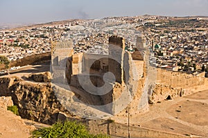 View from Merenides tombs to old city walls, Bab Guissa gate and Fez cityscape, Morocco