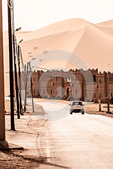 View of Merzouga and sand dunes, gateway to Sahara Desert, Merzouga, Morocco