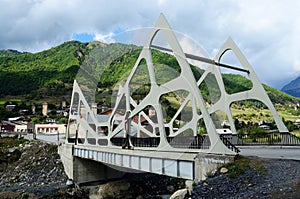 View of Mestia futuristic modern bridge,Upper Svaneti, Georgia