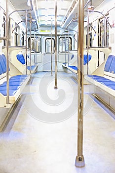 View on metro train interior colorful painting looks like picture.