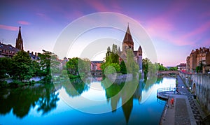 View of Metz with Temple Neuf reflected in the Moselle River, Lorraine.