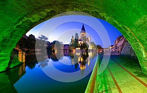 View of Metz with Temple Neuf reflected in the Moselle River, Lorraine.