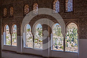 View from Mexuar Hall at Nasrid Palaces (Palacios Nazaries) at Alhambra in Granada, Spa
