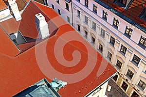 View from Michael Gate, Bratislava, Slovakia. Downpipe in the form of gargoyle at the bottom. Top view