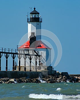 View of Michigan City Lighthouse from Washington Park Beach in Michigan City, Indiana