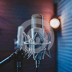 view Microphone in recording studio, music production concept