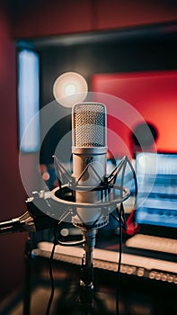 view Microphone in recording studio, music production concept