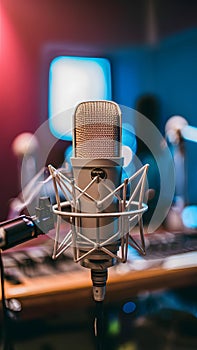 view Microphone in recording studio, music production concept