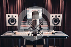 view Microphone in recording studio, music production concept