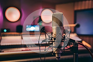 view Microphone in recording studio, music production concept