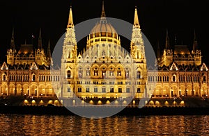 View from the middle of the Danube River at the majestic illuminated Gothic building of the Hungarian Parliament at night