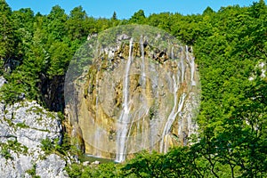 View of mighty crystal clear waterfalls at Plitvice lakes National park, Croatia