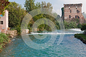 View of Mincio river from Borghetto, Verona, Italy.