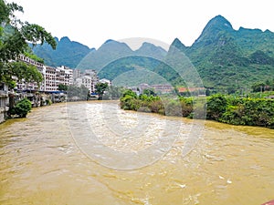 View of the Ming River in Bama Yao Autonomous County, Hechi city, Guangxi Zhuang, China