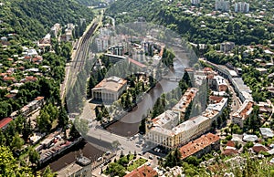 View of the mining town Chiatura famous for its manganese mines being situated on Kvirila river, Typical soviet architecture