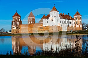 View of Mir Castle from pond, Belarus