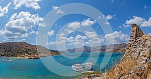 View of Mirabello bay from Spinalonga fortress, Gulf of Elounda, Crete, Greece