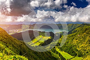 View from Miradouro da Boca do Inferno to Sete Citades, Azores, Portugal. A path leading to viewpoint Miradouro da Boca do Inferno