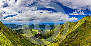 View from Miradouro da Boca do Inferno to Sete Citades, Azores, Portugal. A path leading to viewpoint Miradouro da Boca do Inferno photo