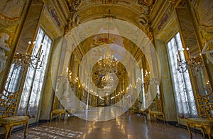 View of the Mirror Gallery in Palazzo Reale. The Royal Palace, in the italian city of Genoa, UNESCO World Heritage Site, Italy.