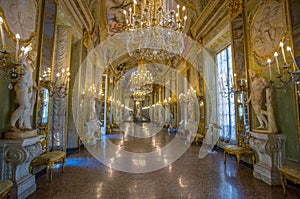 View of the Mirror Gallery in Palazzo Reale. The Royal Palace, in the italian city of Genoa, UNESCO World Heritage Site, Italy.