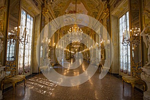 View of the Mirror Gallery in Palazzo Reale. The Royal Palace, in the italian city of Genoa, UNESCO World Heritage Site, Italy