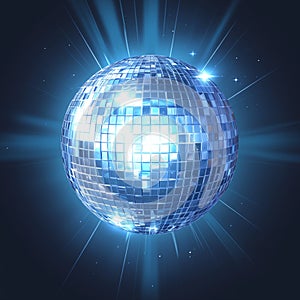 view Mirrored spinning blue disco ball for 80s, 90s luminous background