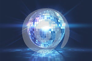 view Mirrored spinning blue disco ball for 80s, 90s luminous background