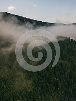 View of misty fog mountains in autumn, Carpathians