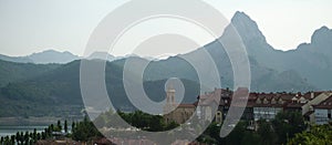 View of misty RiaÃ±o village in LeÃ³n, Spain