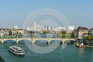 A view of the Mittlere Brucke Bridge from 1226 and the Rhine River from the Pfalz lookout. Basel, Switzerland, Europe