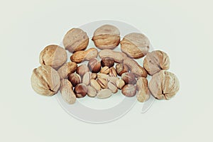 View of mixed different kind of nuts in shell