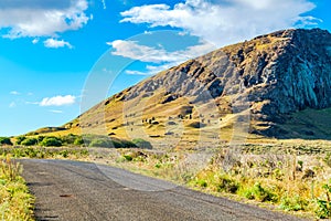 View of Moai in the quarry at the Volcano Rano Raraku