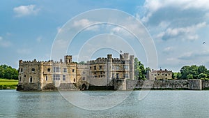 View of a moated medieval castle