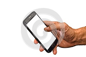 View of mobile phone with white screen customizable, in senior man hand also on white background