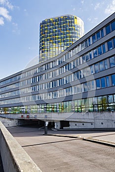 view of the modern ADAC building in Munich, Germany